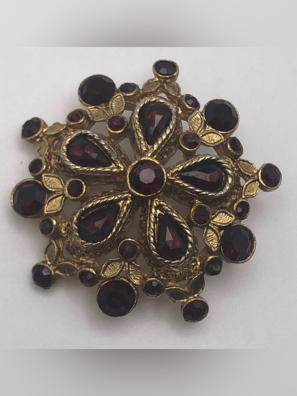 Vintage Sphinx Signed A555 Red Rhinestone Etruscan Rosette Brooch
